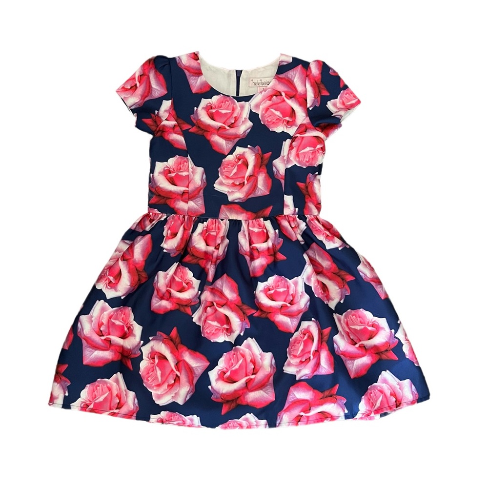 Halabaloo Girls Size 7 Dress Pink Roses on Navy Blue Party Dress